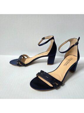 Badgley Mischka American Glamour Shoes 7 Navy Blue Strappy Rhinestone Sandals